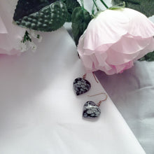 Load image into Gallery viewer, Snowflake Obsidian Drop Earrings, Heart Sterling Silver Drop Earrings, Gemstone Earrings | by nlanlaVictory
