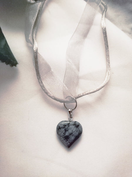 Snowflake Obsidian Necklace, Snowflake Obsidian Heart Necklace, Gemstone Pendant Necklace, Grey Organza Ribbon Necklace, Adjustable Necklace | by nlanlaVictory