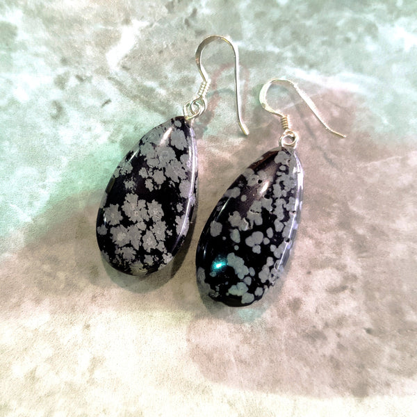 Snowflake Obsidian Earrings, Teardrop Sterling Silver Earrings, Gemstone Earrings | by nlanlaVictory