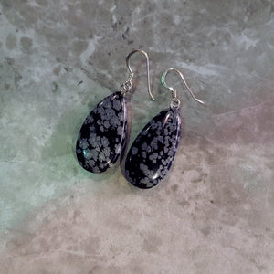 Snowflake Obsidian Earrings, Teardrop Sterling Silver Earrings, Gemstone Earrings | by nlanlaVictory