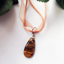 Load image into Gallery viewer, Tiger Eye Necklace, Heart Pendant Necklace, Gemstone Necklace, Ribbon Necklace | by nlanlaVictory
