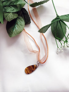 Tiger Eye Necklace, Heart Pendant Necklace, Gemstone Necklace, Ribbon Necklace | by nlanlaVictory