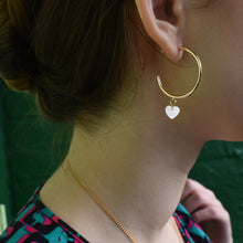 Load image into Gallery viewer, White heart shell pearl hoop earrings, minimalist earrings | by Ifemi Jewels
