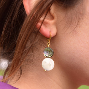 Abalone shell, white coin pearl Huggie Hoop Earrings | by Ifemi Jewels