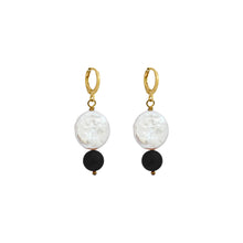 Load image into Gallery viewer, Coin freshwater pearl huggie earrings with black onyx gemstone bead | by Ifemi Jewels
