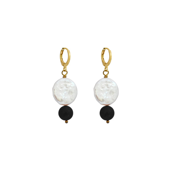 Coin freshwater pearl huggie earrings with black onyx gemstone bead | by Ifemi Jewels