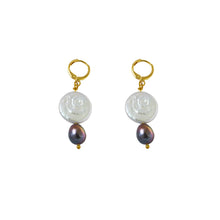 Load image into Gallery viewer, Coin freshwater pearl huggie earrings with purple pearls | by Ifemi Jewels
