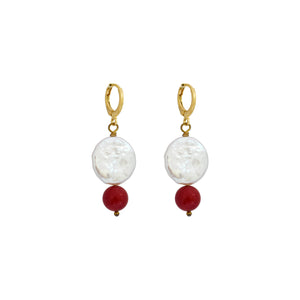 Coin freshwater pearl huggie earrings with red coral bead | by Ifemi Jewels