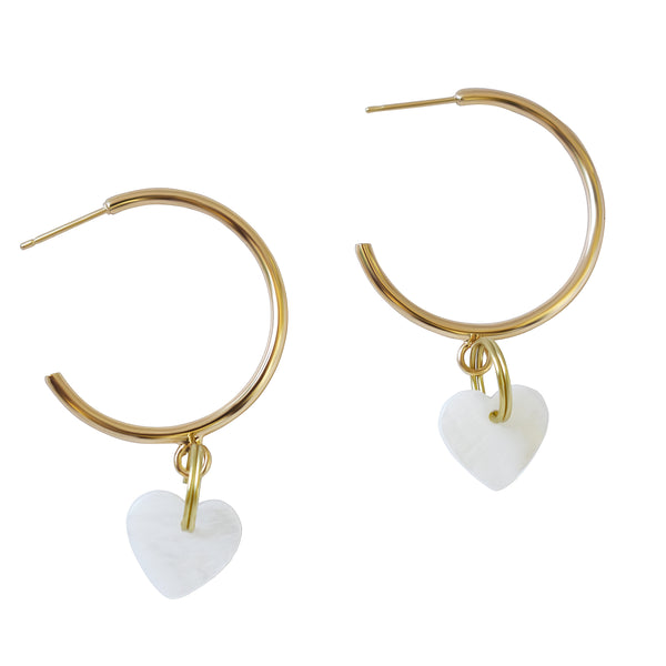 White heart shell pearl hoop earrings, minimalist earrings | by Ifemi Jewels