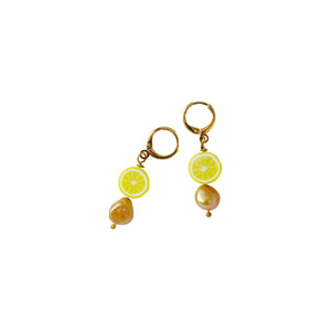 Gold freshwater pearl with lemon huggie earrings| by Ifemi Jewels
