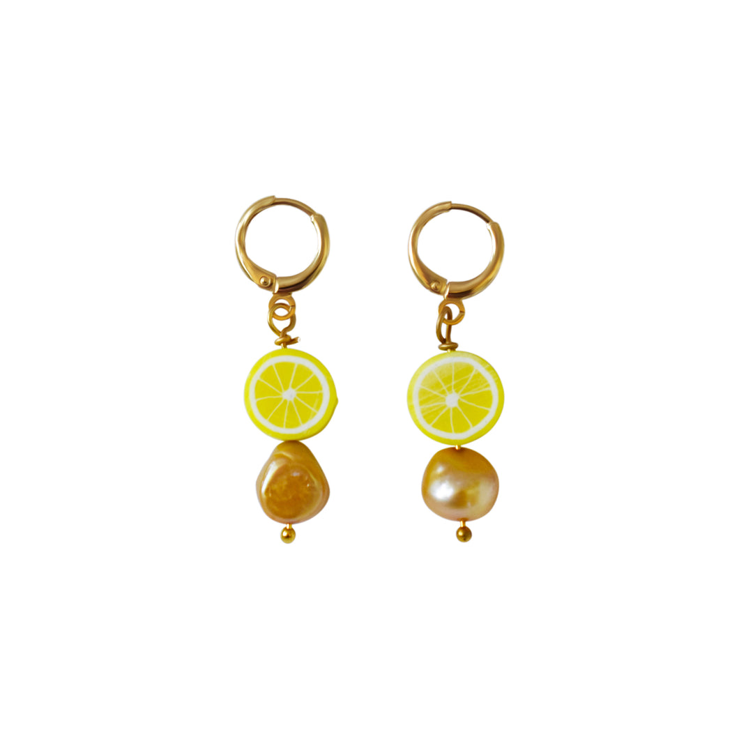 Gold freshwater pearl with lemon huggie earrings| by Ifemi Jewels