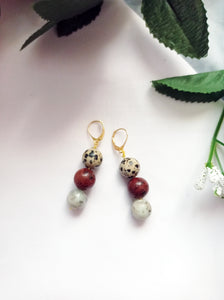 Poppy, Dalmatian & Sesame Jasper Yellow gold vermeil or 9k or 18k gold earrings, Bloom Collection | by nlanlaVictory